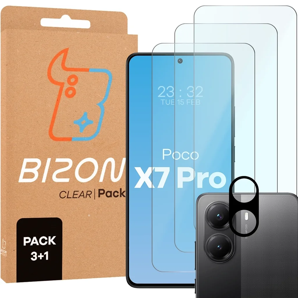 Ochranné sklo Bizon Glass Clear 2 Pack 3x tempered glass + 1x lens protection Xiaomi POCO X7 Pro