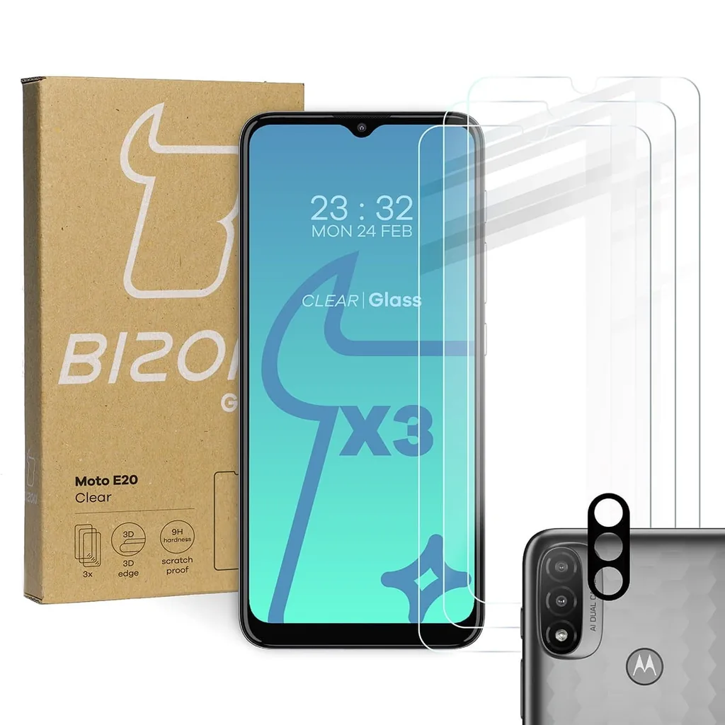 Ochranné sklo Bizon Glass Clear tempered glass - 3 pcs. + lens glass Moto E20