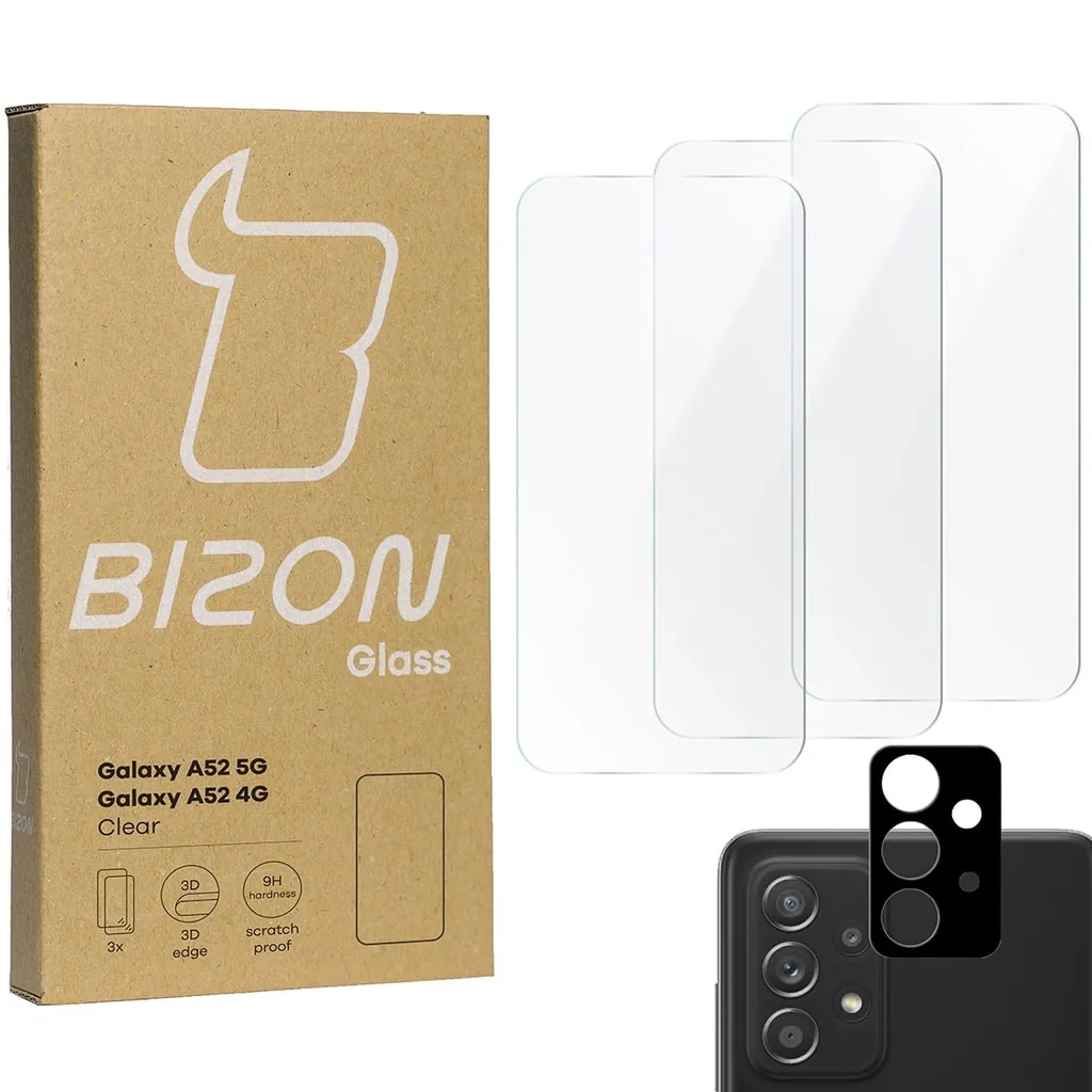 Ochranné sklo Bizon Glass Clear tempered glass - 3 pcs. + lens glass Samsung Galaxy A52s 5G A52 4G/5G