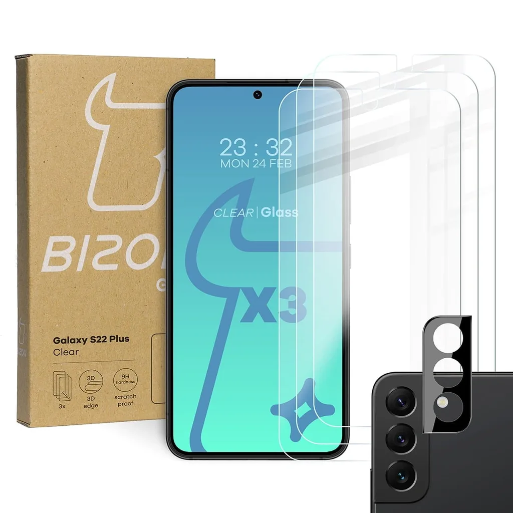 Ochranné sklo Bizon Glass Clear tempered glass - 3 pcs. + lens glass Samsung Galaxy S22 Plus