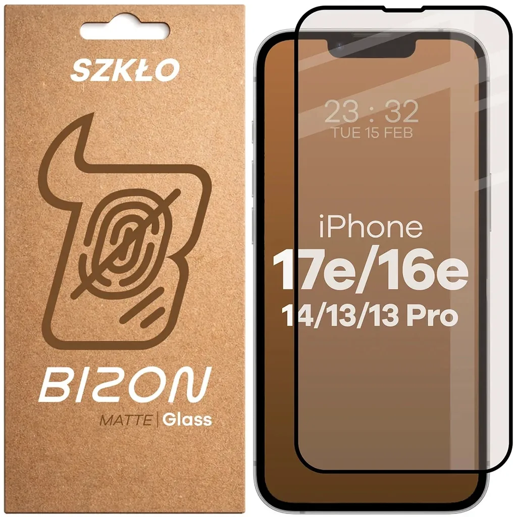Ochranné sklo Bizon Glass Matte Apple iPhone 17e / 16e / 14 / 13 Pro / 13, black frame