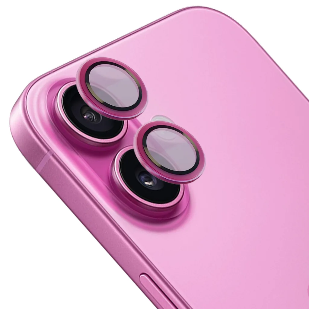 Ochranné sklo Bizon Glass Snap Lens Apple iPhone 16 / 16 Plus pink frame