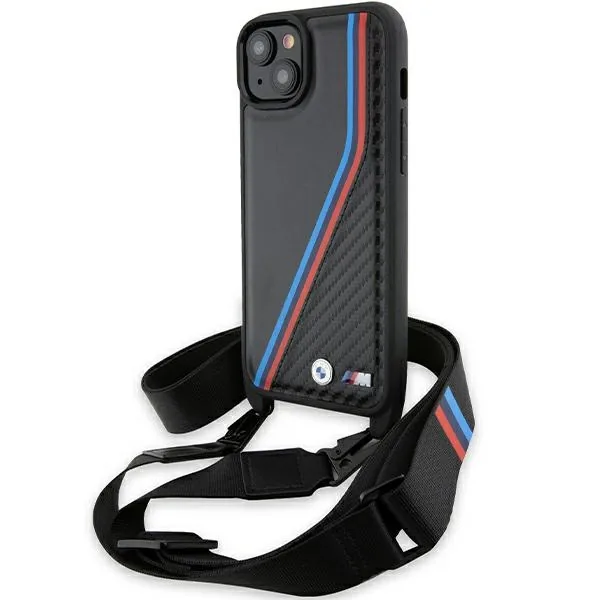 Kryt BMW BMHCP15M23PSVTK Apple iPhone 15 Plus / 14 Plus hardcase M Edition Carbon Tricolor Lines & Strap black