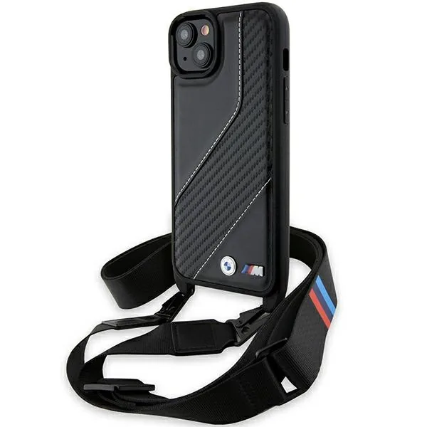 Kryt BMW BMHCP15S23PSCCK Apple iPhone 15 / 14 / 13 hardcase M Edition Carbon Stripe & Strap black