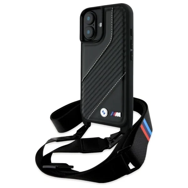 Kryt BMW BMHCP16S23PSCCK Apple iPhone 16 hardcase M Edition Carbon Stripe & Strap black