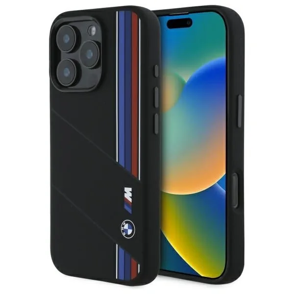 Kryt BMW BMHMP16X23SCUK Apple iPhone 16 Pro Max hardcase Silicone Cut Tricolor Lines MagSafe black