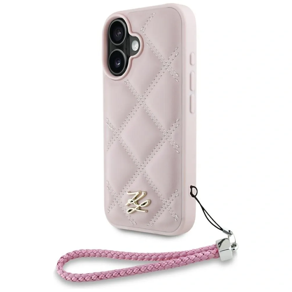 Kryt Karl Lagerfeld Quilted Initial Logo & Chain Strap for Apple iPhone 16 pink