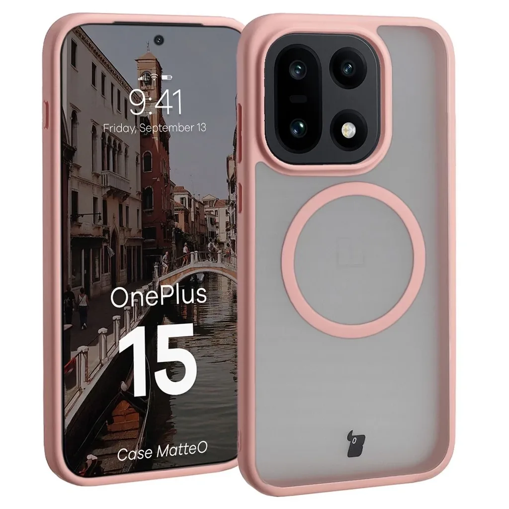 Kryt z pierścieniem magnetycznym Bizon Case MatteO do OnePlus 15 przydymione-barva světle růžová