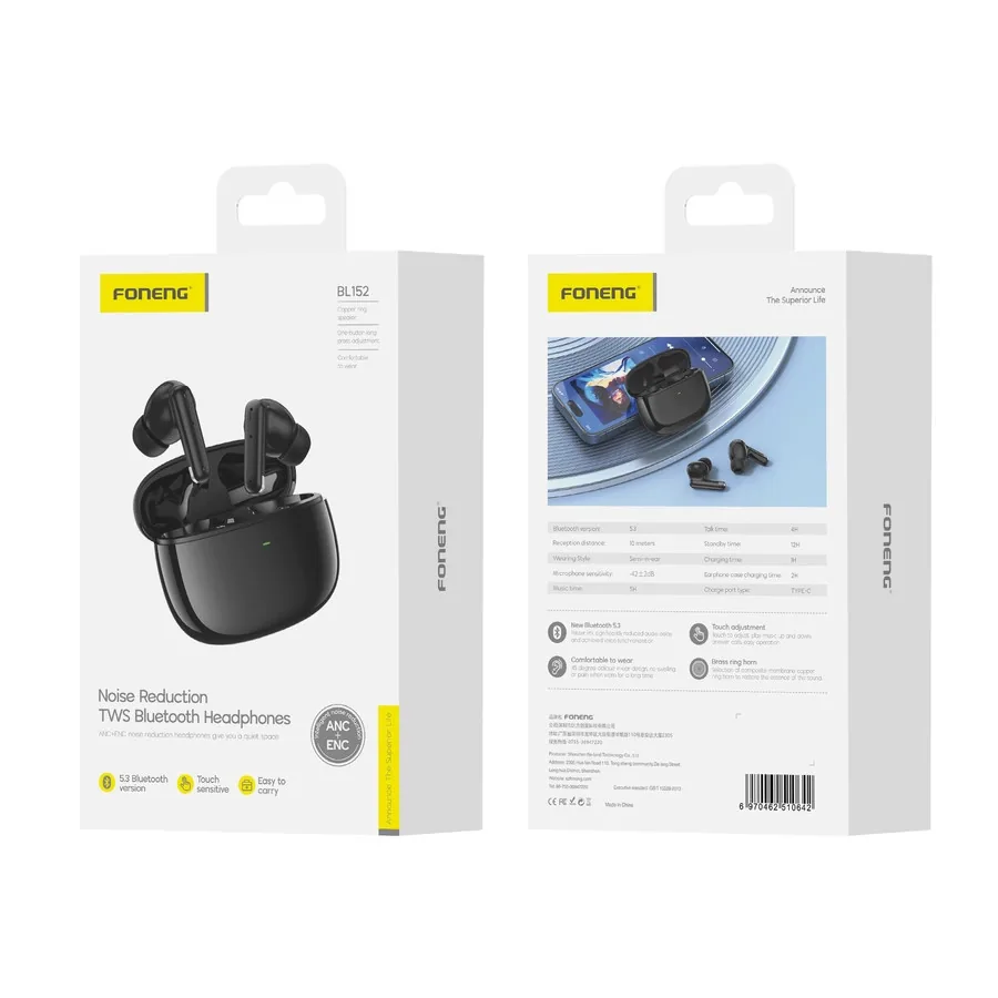 Sluchátka FONENG (ANC+ENC) BL152 Wireless in-ear , black
