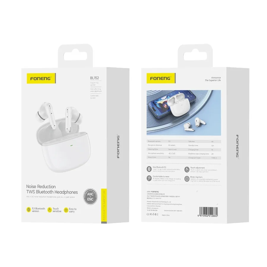 Sluchátka FONENG (ANC+ENC) BL152 Wireless in-ear , white