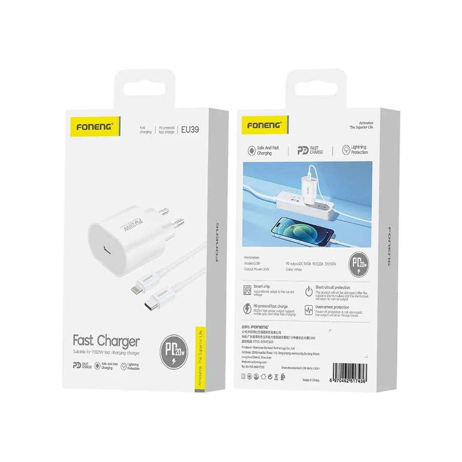 Síťová nabíječka FONENG EU39 PD 20W USB-C + USB-C / Lightning cable, white