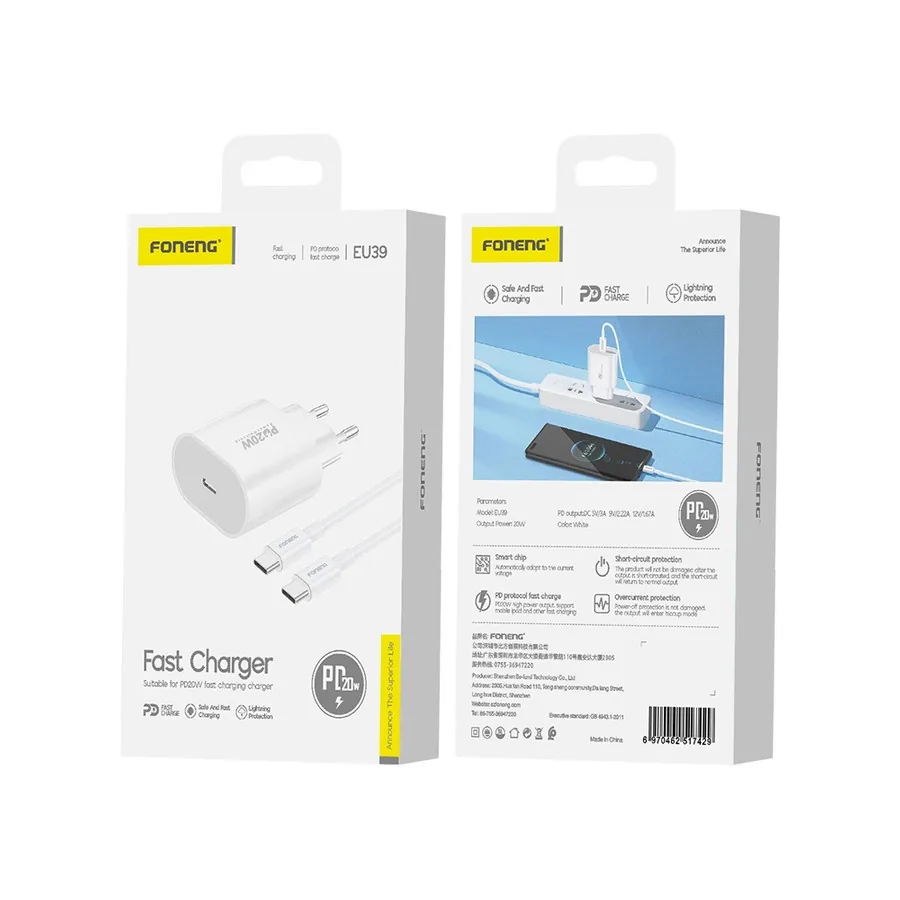 Síťová nabíječka FONENG EU39 PD 20W USB-C + USB-C / USB-C cable, white