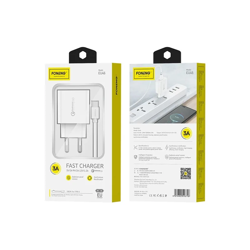 Síťová nabíječka FONENG EU46 18W USB-A QC3.0 + USB-C cable, white