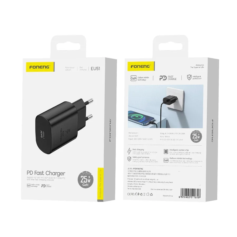 Síťová nabíječka FONENG EU51 GaN PD 25W USB-C, black
