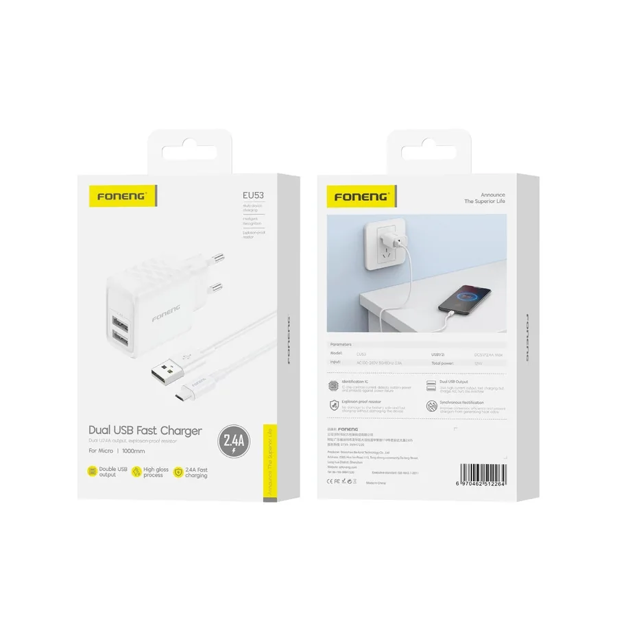 Síťová nabíječka FONENG EU53 2.4A 12W 2xUSB-A + MicroUSB cable, white