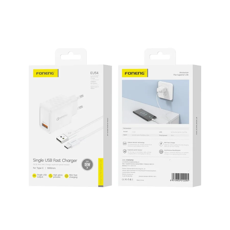Síťová nabíječka FONENG EU54 18W USB-A QC3.0 + USB-C cable, white