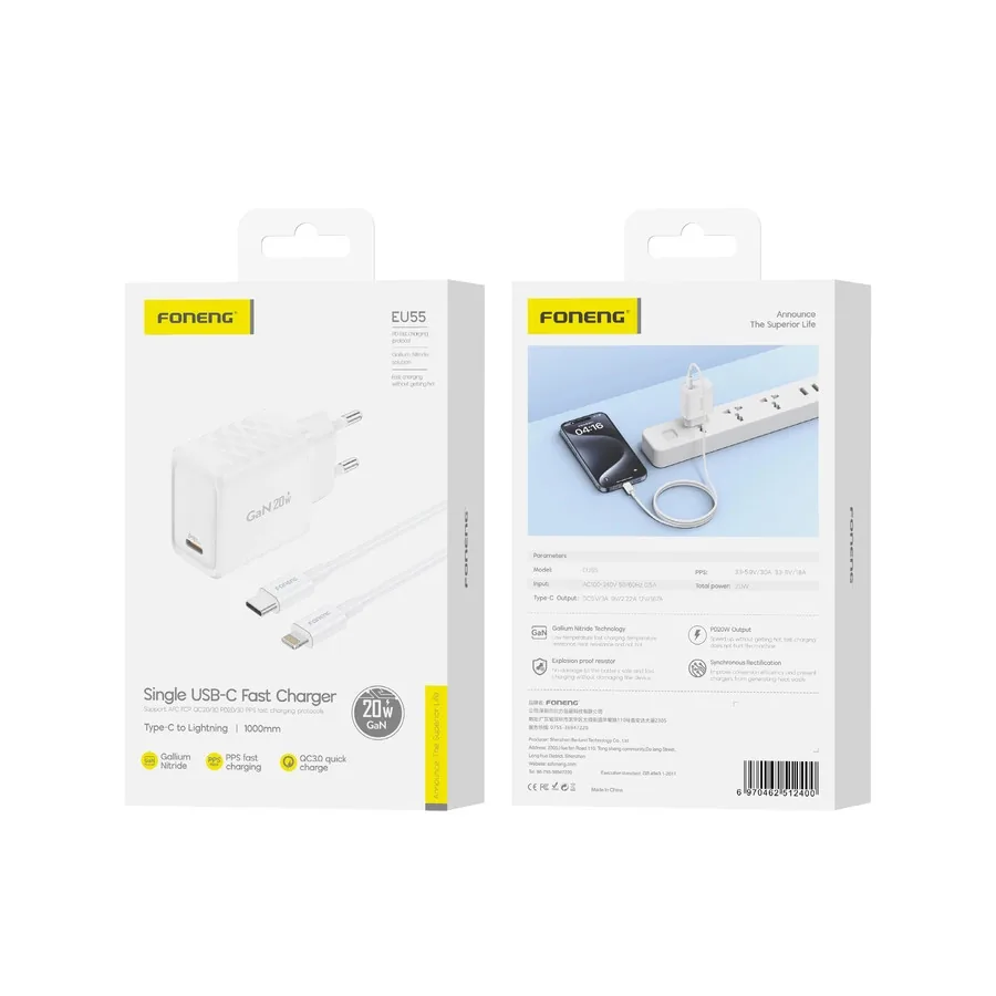 Síťová nabíječka FONENG EU55 GaN PD 20W USB-C + USB-C / Lightning cable, white