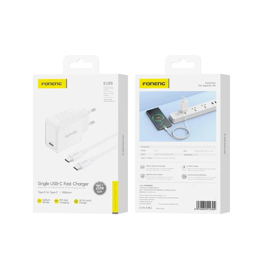 Síťová nabíječka FONENG EU55 GaN PD 20W USB-C + USB-C / USB-C cable, white