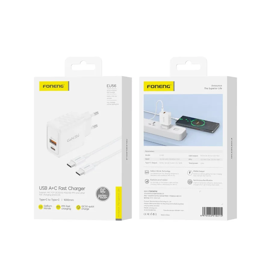 Síťová nabíječka FONENG EU56 GaN PD 20W USB-C + USB-A QC3.0 + USB-C / USB-C cable, white