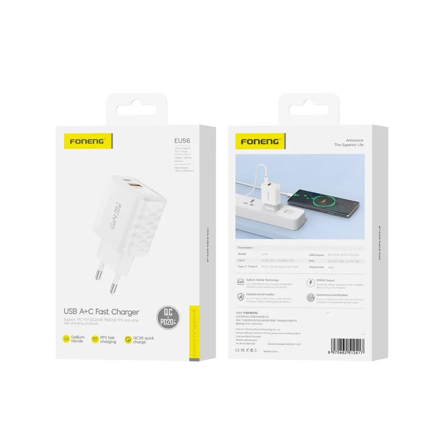 Síťová nabíječka FONENG EU56 GaN PD 20W USB-C + USB-A QC3.0, white