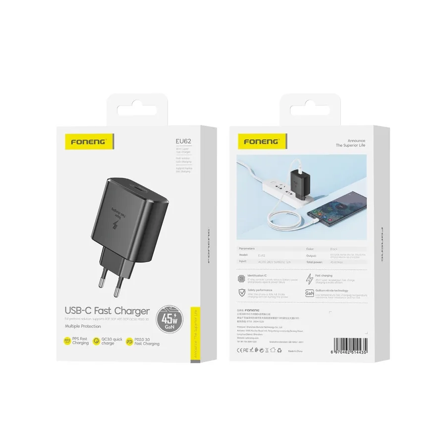 Síťová nabíječka FONENG EU62 GaN PD 45W USB-C, black