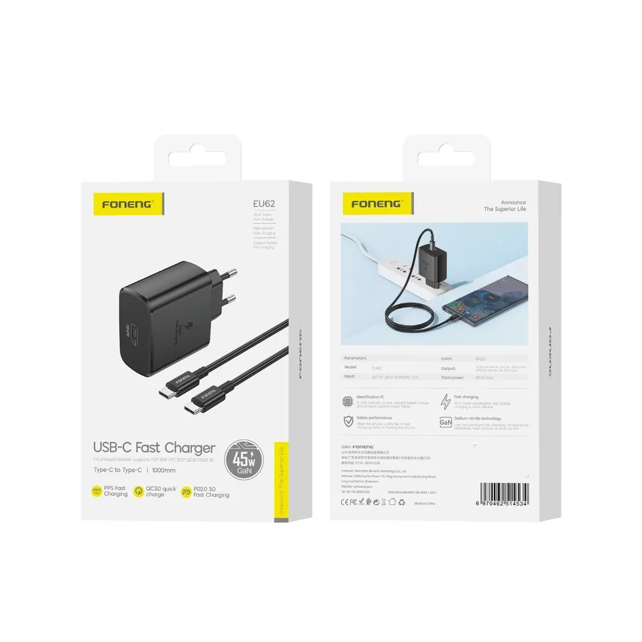Síťová nabíječka FONENG EU62 GaN PD 45W USB-C + USB-C / USB-C cable, black