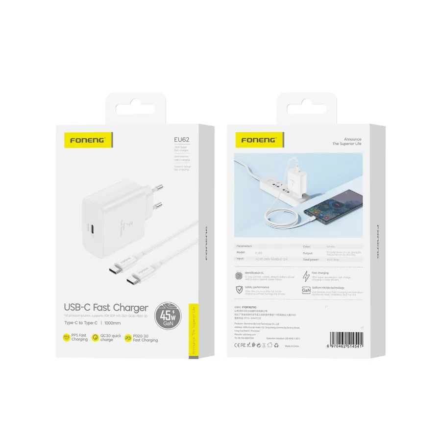 Síťová nabíječka FONENG EU62 GaN PD 45W USB-C + USB-C / USB-C cable, white