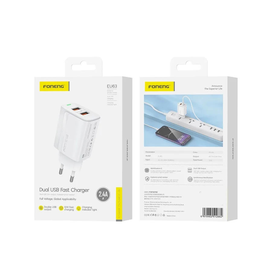 Síťová nabíječka FONENG EU63 2.4A 12W 2xUSB-A, white
