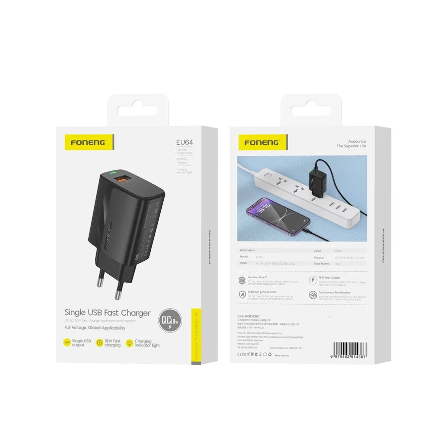 Síťová nabíječka FONENG EU64 18W USB-A QC3.0, black