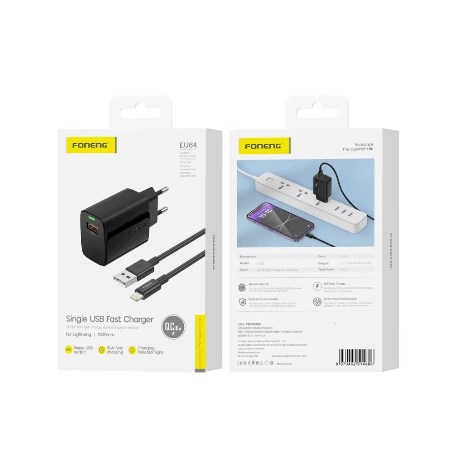 Síťová nabíječka FONENG EU64 18W USB-A QC3.0 + Lightning cable, black