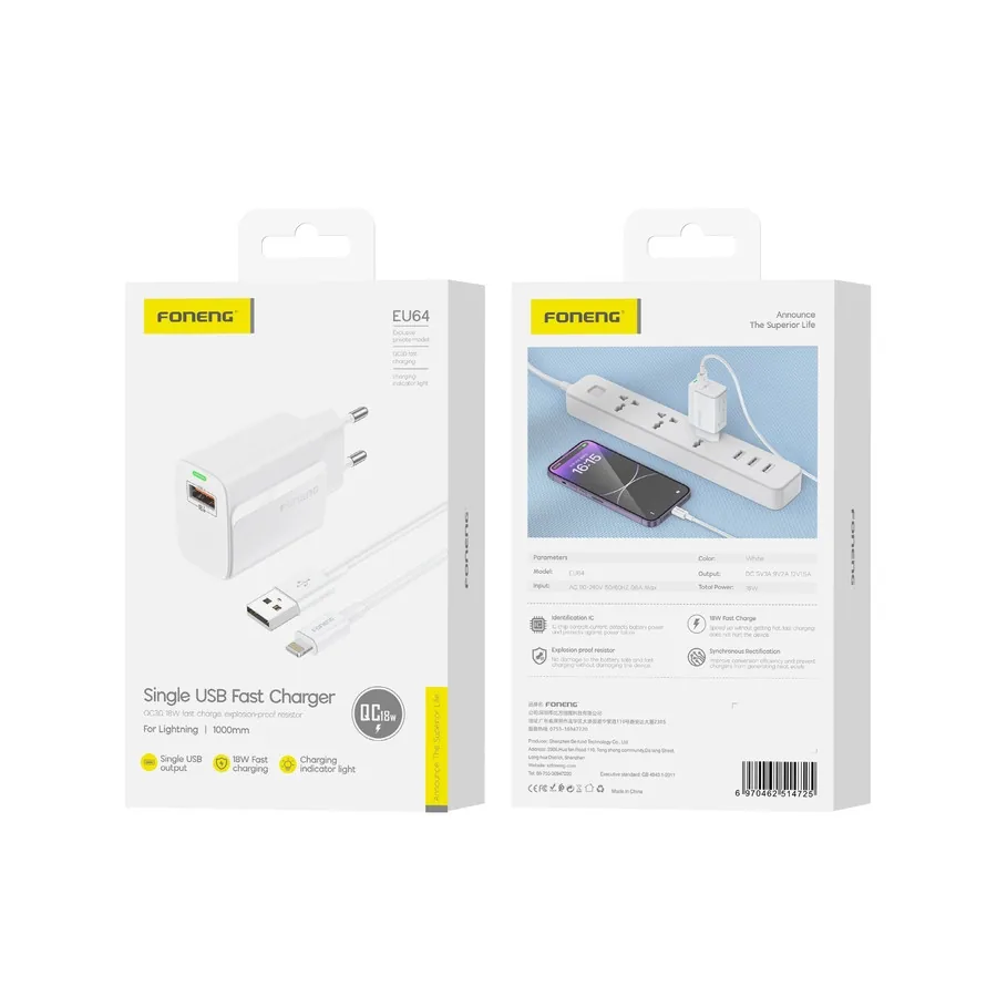 Síťová nabíječka FONENG EU64 18W USB-A QC3.0 + Lightning cable, white