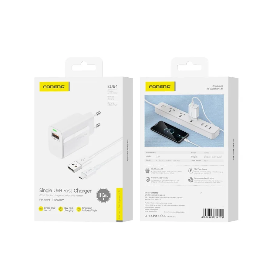 Síťová nabíječka FONENG EU64 18W USB-A QC3.0 + MicroUSB cable, white