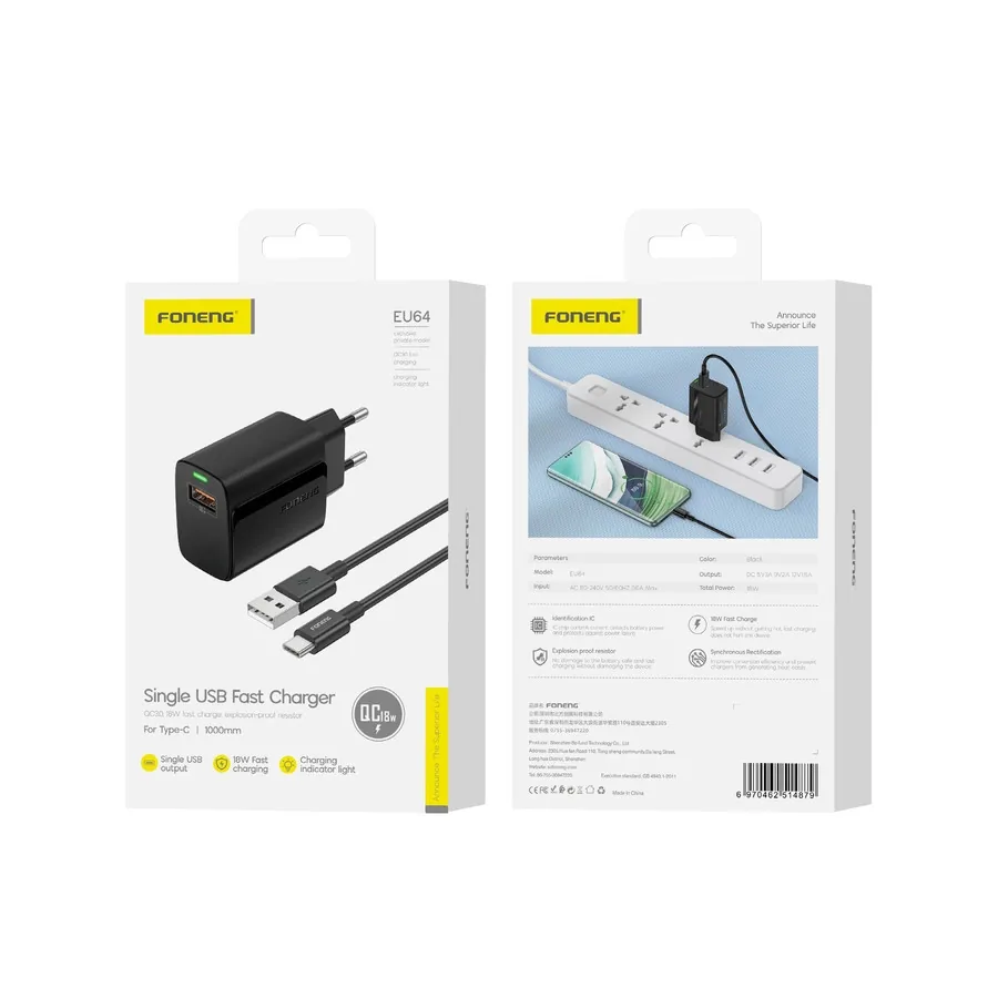 Síťová nabíječka FONENG EU64 18W USB-A QC3.0 + USB-C cable, black