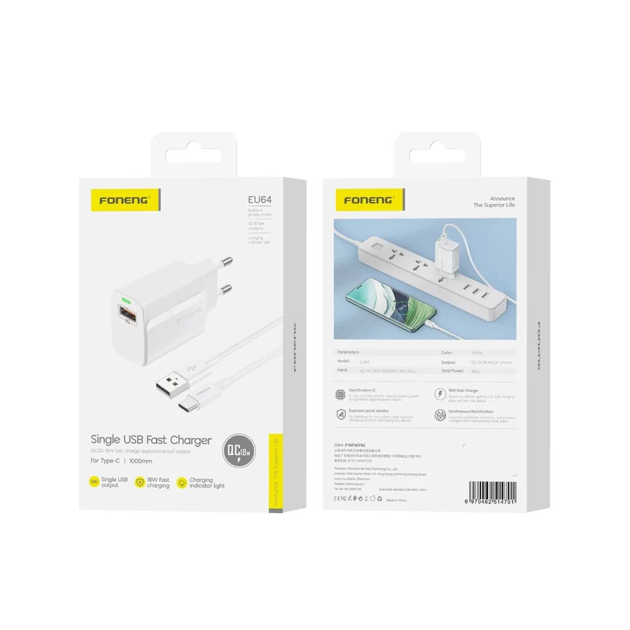 Síťová nabíječka FONENG EU64 18W USB-A QC3.0 + USB-C cable, white