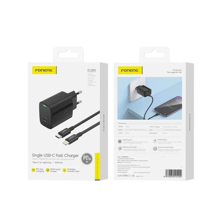 Síťová nabíječka FONENG EU65 PD 20W USB-C + USB-C / Lightning cable, black