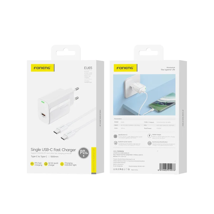 Síťová nabíječka FONENG EU65 PD 20W USB-C + USB-C / USB-C cable, white