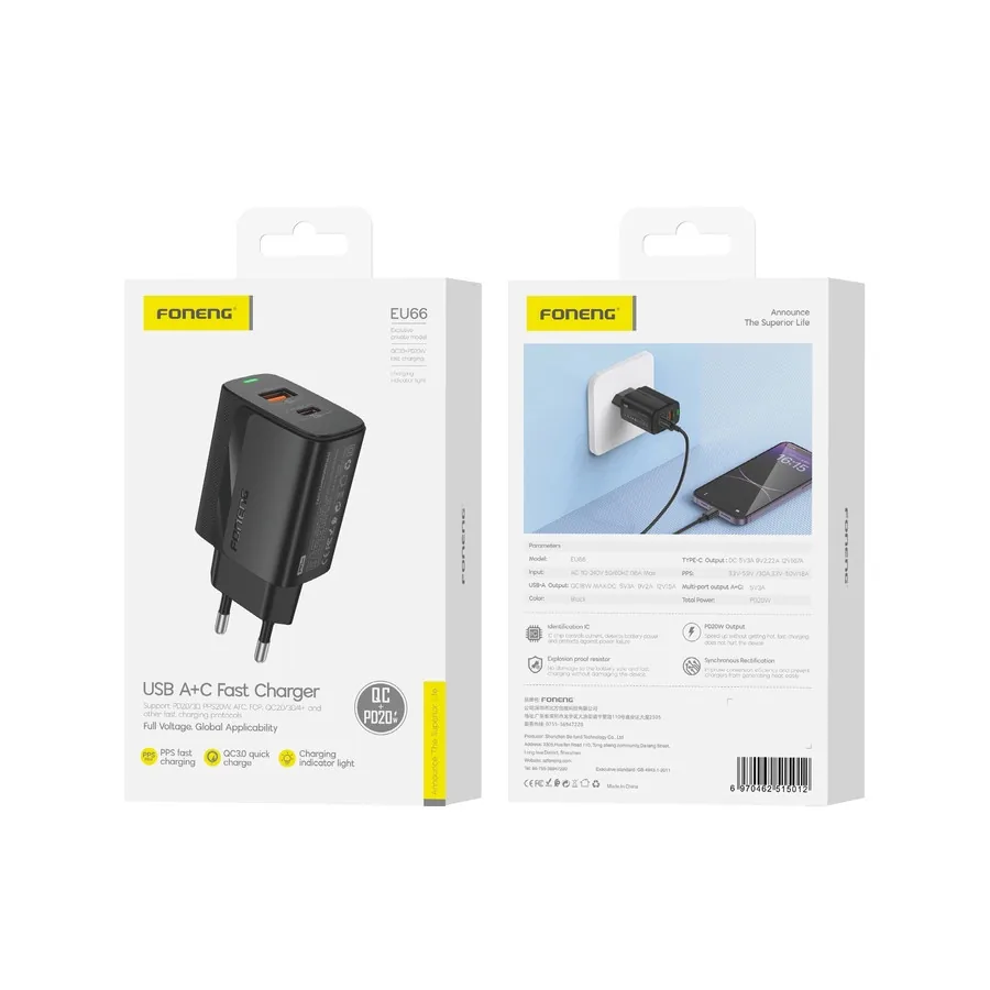 Síťová nabíječka FONENG EU66 PD 20W USB-C + USB-A QC3.0, black