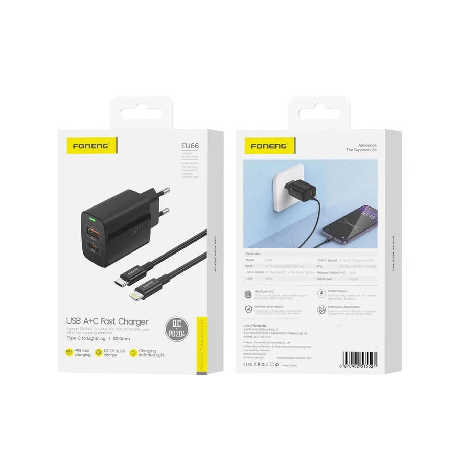 Síťová nabíječka FONENG EU66 PD 20W USB-C + USB-A QC3.0 + USB-C / Lightning cable, black