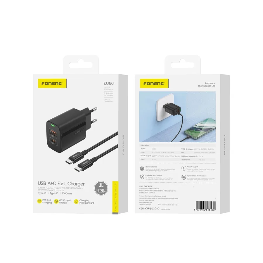 Síťová nabíječka FONENG EU66 PD 20W USB-C + USB-A QC3.0 + USB-C / USB-C cable, black