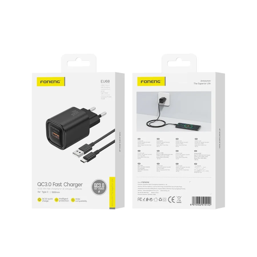 Síťová nabíječka FONENG EU68 18W USB-A QC3.0 + USB-C cable, black