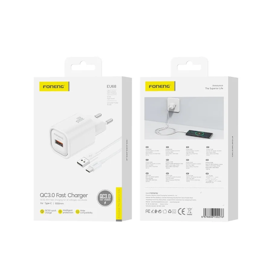 Síťová nabíječka FONENG EU68 18W USB-A QC3.0 + USB-C cable, white