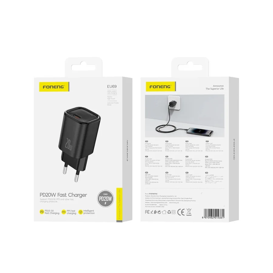 Síťová nabíječka FONENG EU69 PD 20W USB-C, black