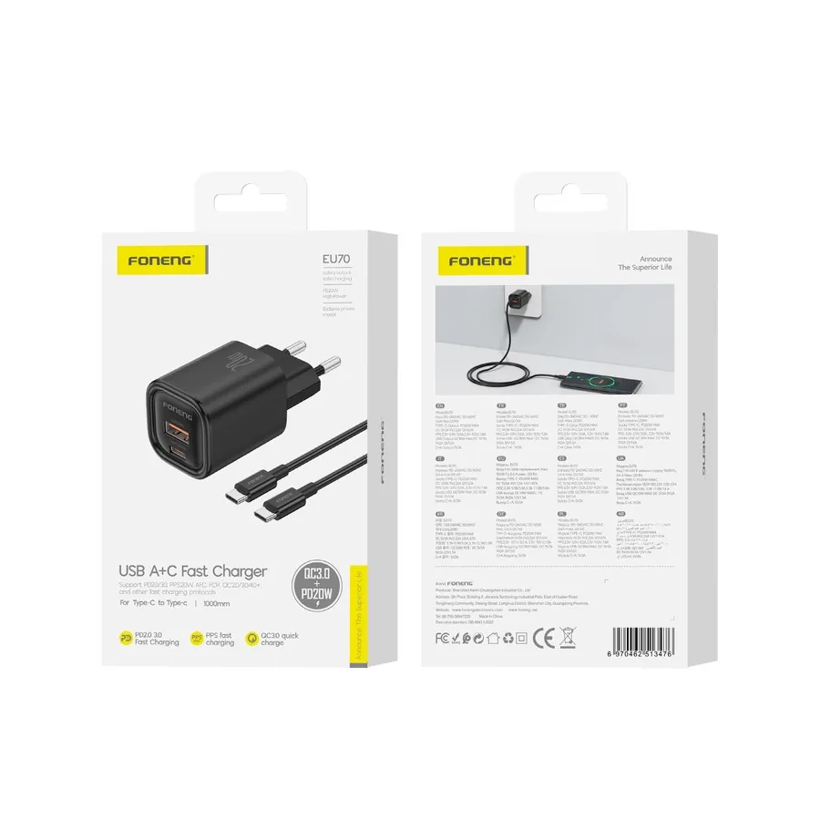 Síťová nabíječka FONENG EU70 PD 20W USB-C + USB-A QC3.0 + USB-C / USB-C cable, black