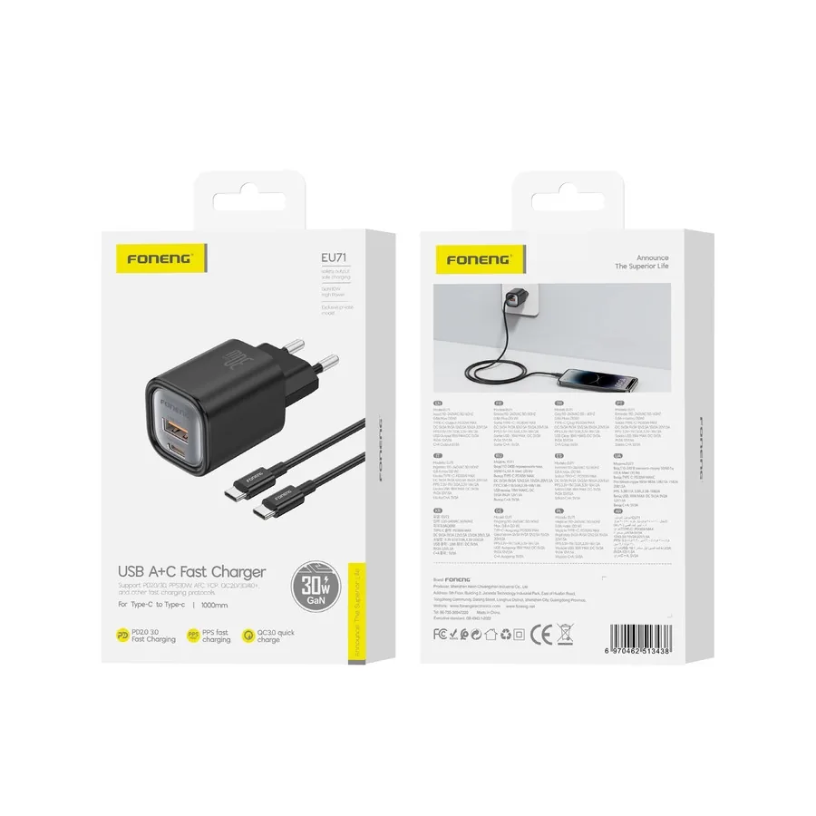 Síťová nabíječka FONENG EU71 PD 30W USB-C + USB-A QC3.0 + USB-C / USB-C cable, black
