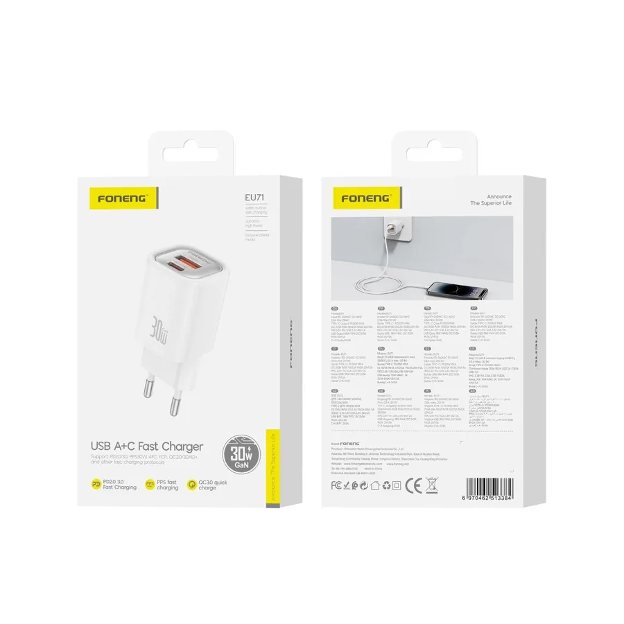 Síťová nabíječka FONENG EU71 PD 30W USB-C + USB-A QC3.0, white