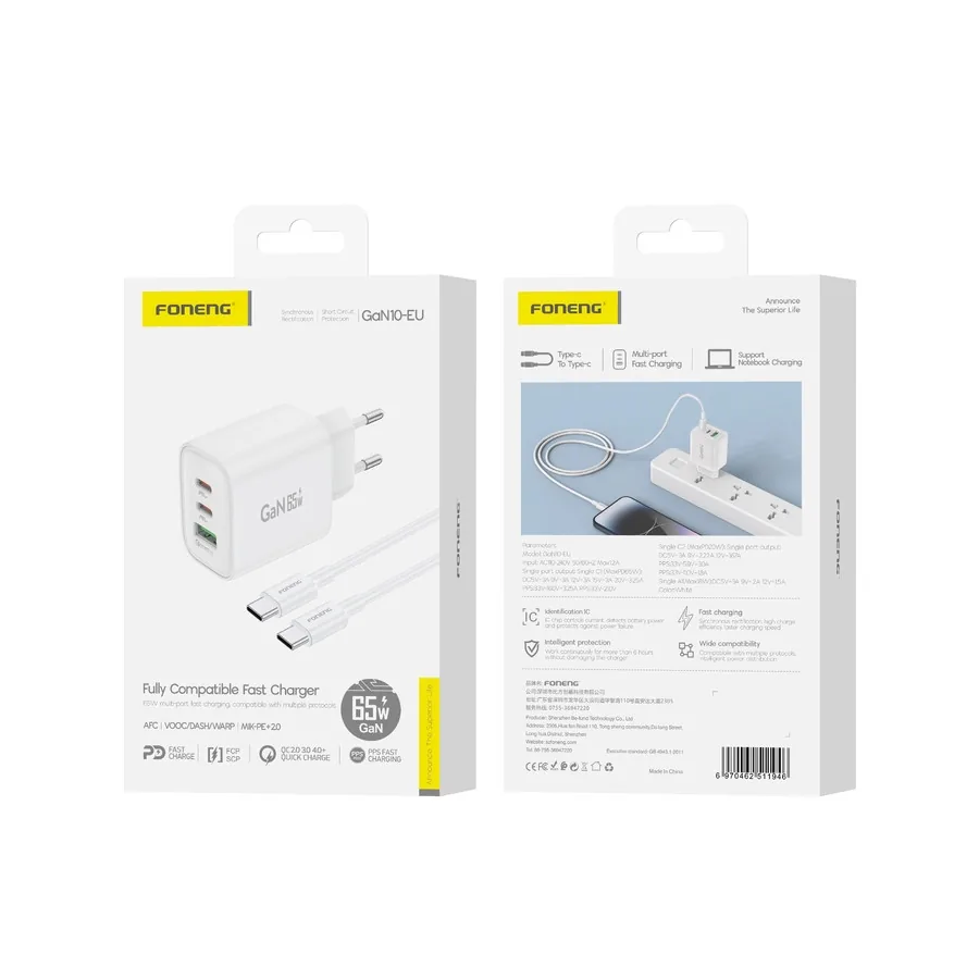 Síťová nabíječka FONENG GaN10-EU GaN PD 65W 2xUSB-C + USB-A QC3.0 + USB-C / USB-C cable, white