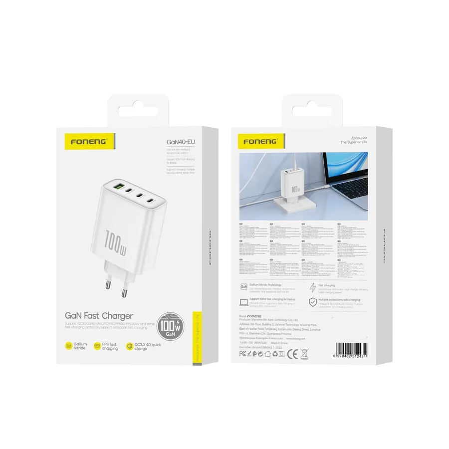 Síťová nabíječka FONENG GaN40 GaN PD 100W 3xUSB-C + USB-A QC3.0, white
