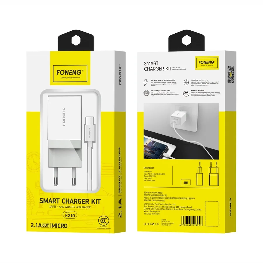 Síťová nabíječka FONENG K210 2.1A 10W USB-A + MicroUSB cable, white