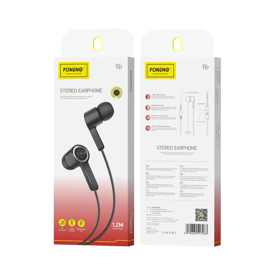 Sluchátka FONENG T57 Wired in-ear Jack 3.5mm with a microphone 1.2m, black