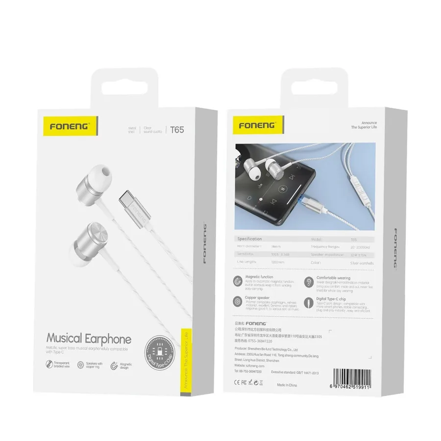 Sluchátka FONENG T65 Wired in-ear USB-C with a microphone 1.2m, white